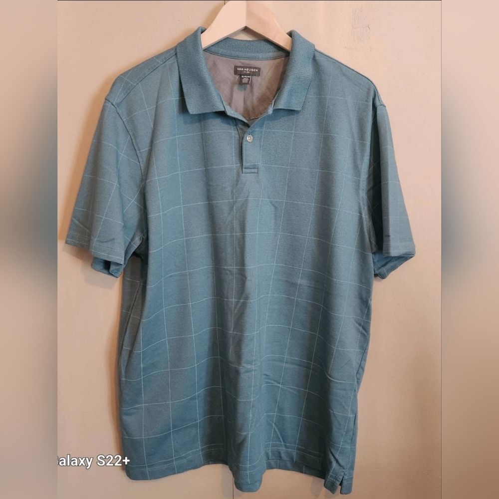 M48 Van Heusen Flex Men's Teal Windowpane Polo Shirt Short Sleeves